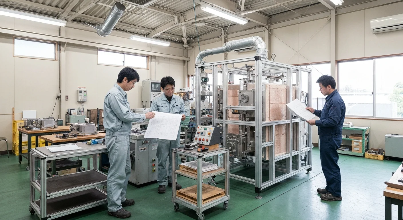 加工設備の前で図面と完成品を見比べながら確認する製造現場