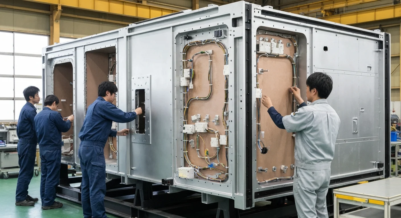 産業用機械の部品を組み付けて完成工程を進める作業場
