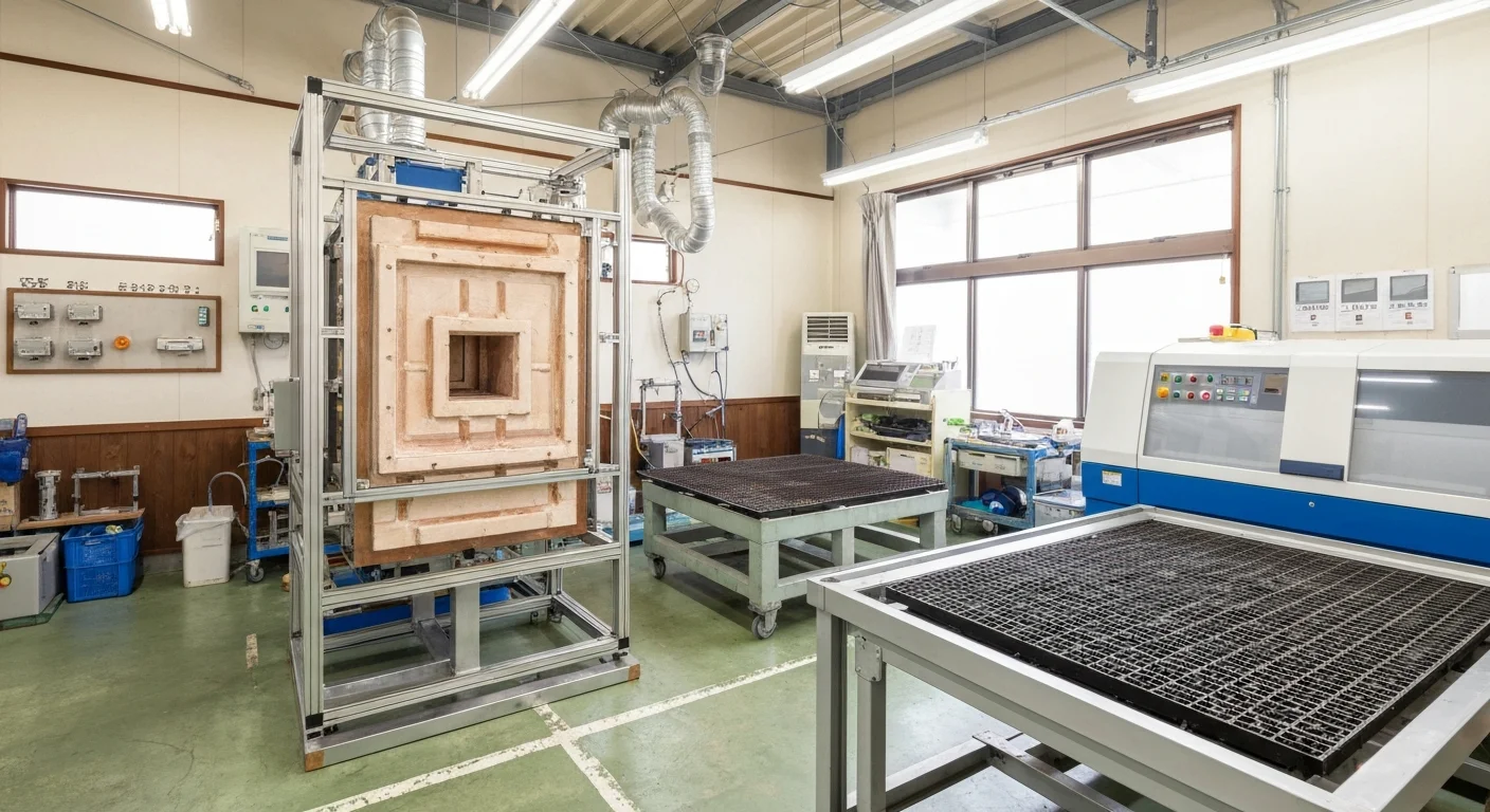 レーザー加工機のそばで加工済み部材を確認する作業者